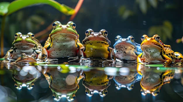 Photo the tranquil water reflects four vibrant frogs peacefully resting