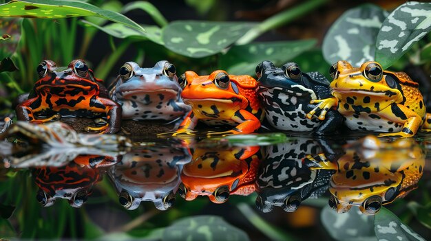 The tranquil water reflects four vibrant frogs peacefully resting