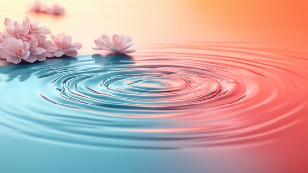 Photo tranquil water ripples with floating pink flowers in a gradient sunset background