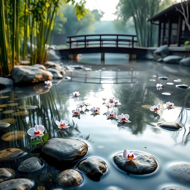 Photo tranquil water scene with oriental orchids and stones