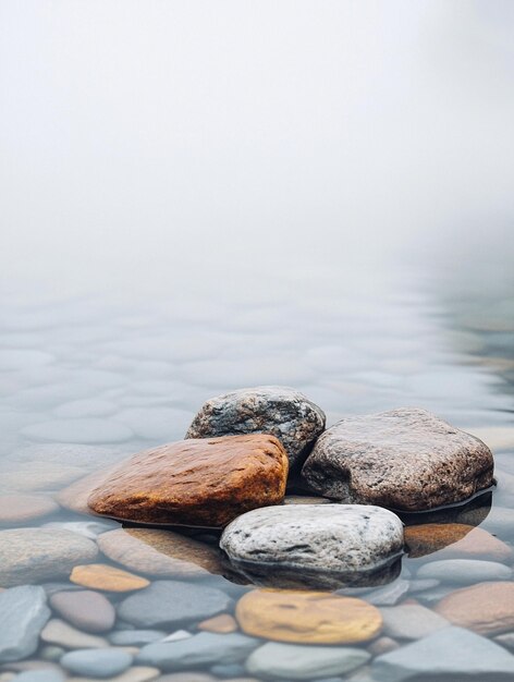 Photo tranquil water stones serene nature reflection in misty landscape