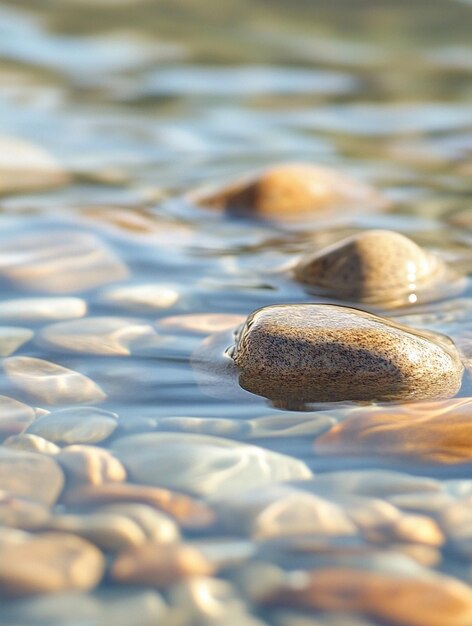 Photo tranquil water surface with smooth pebbles natures serenity and calmness