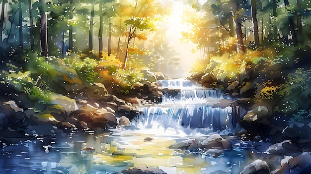 Tranquil Watercolor Forest Stream Painting of Natural Beauty and Flowing Serenity