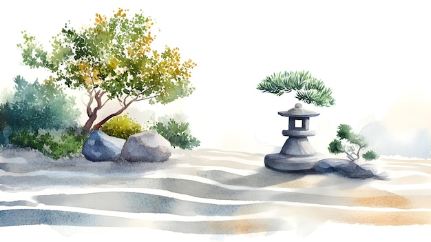 Photo tranquil watercolor illustration of a peaceful zen garden with carefully raked gravel patterns elegant bonsai trees and a small stone lantern casting a gentle calming glow