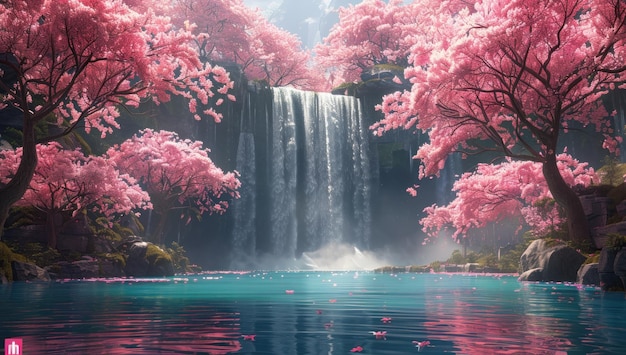 Photo tranquil waterfall amidst cherry blossoms