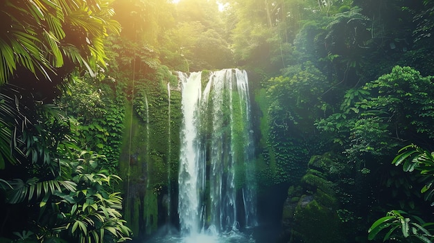 Tranquil waterfall cascading through lush green jungle foliage