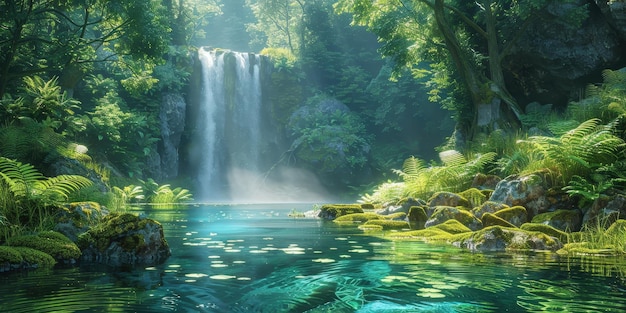 Tranquil Waterfall in Lush Tropical Forest