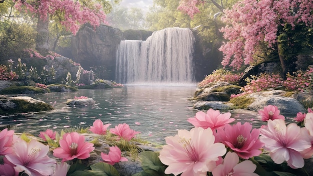 Photo tranquil waterfall surrounded by vibrant blooming trees and flowers in serene spring garden fantasy