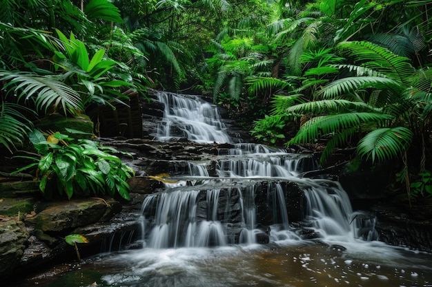 Tranquil Waterfall in Thai Forest Surrounded by Exotic Greenery