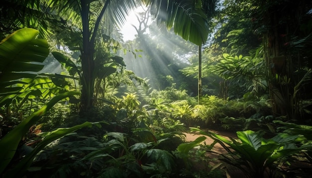 Tranquil wet forest vibrant green growth tropical beauty in nature generated by artificial intelligence