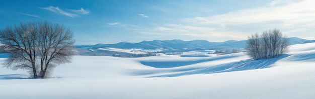 Photo a tranquil winter landscape with snowcovered fields and sparse trees under a clear blue sky at midmorning