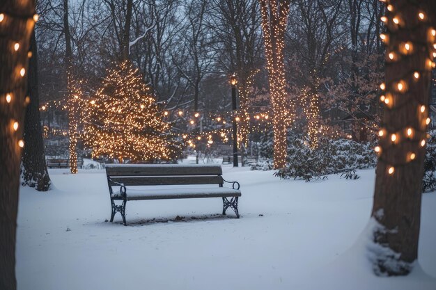 Photo tranquil winter park with snowcovered bench and holiday lights for christmas posters