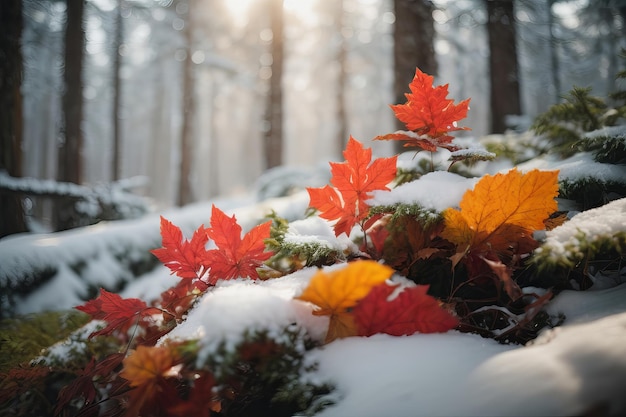 Tranquil Winter Woodland Falling Leaves and Snow on Tree Trunks