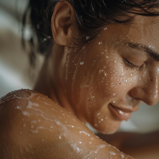 Tranquil Woman Enjoying a Refreshing Shower with Water Droplets on Skin