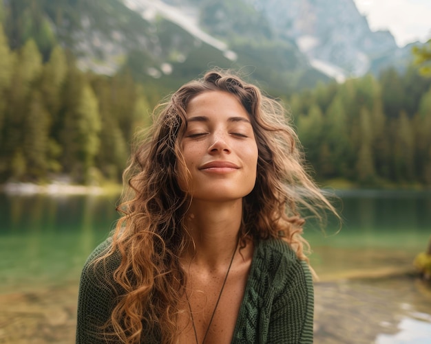 Photo tranquil woman in her thirties enjoying the peaceful nature by the tranquil lake