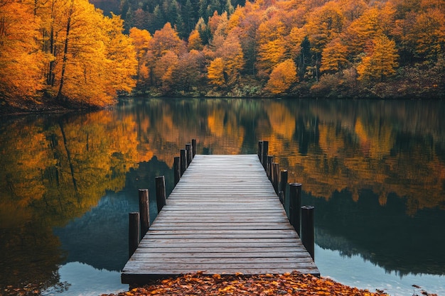 Tranquil wooden dock surrounded by autumn foliage reflecting in calm lake water at sunset