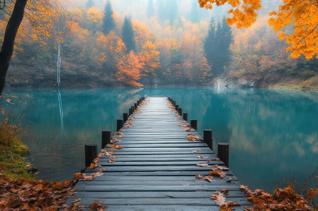 Tranquil wooden pier extending into a serene blue lake surrounded by autumn foliage