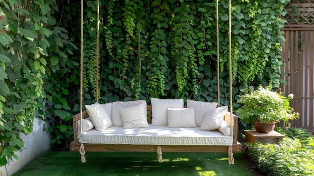 Tranquil wooden swing in lush garden a morning oasis for home landscaping and design inspiration