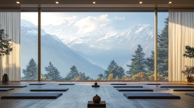 A tranquil yoga studio in the Himalayas with large windows overlooking the snowcovered peaks