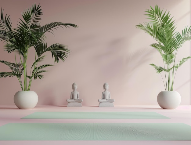 Photo tranquil yoga studio with buddha statue and lush greenery in soft lighting