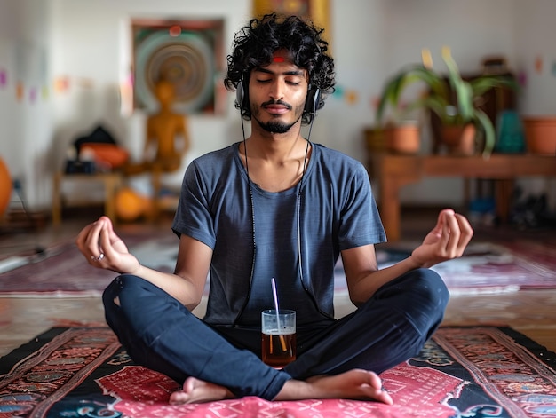 Tranquil young man practicing meditation at home on a rug Peaceful indoor yoga session Serenity and wellness lifestyle Calmness in modern living Generative AI