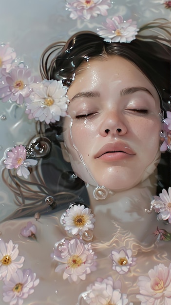 Tranquil young woman submerged in floral water