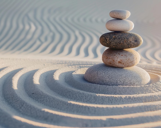 Tranquil zen garden featuring stacked smooth stones on sand symbolizing harmony and balance