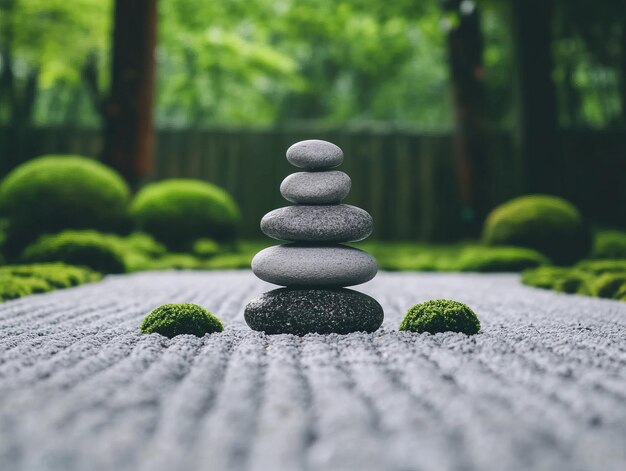 A tranquil zen garden featuring stacked stones and moss accents