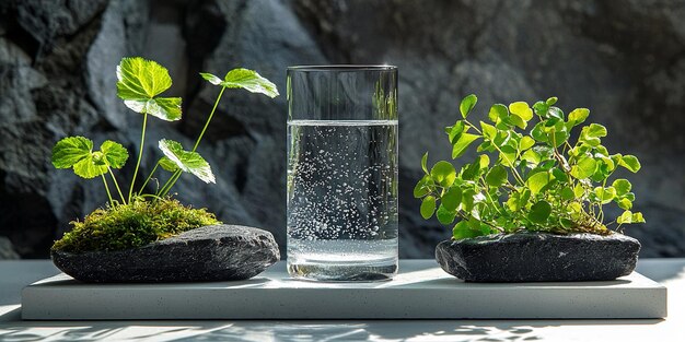 Photo a tranquil zen garden scene with smooth stones lush moss and a refreshing glass of sparkling water