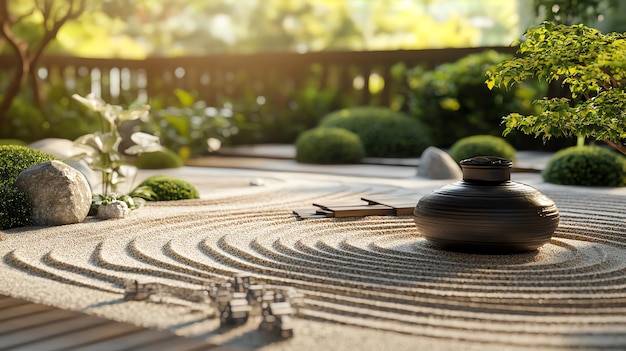 Photo a tranquil zen garden with a sand circle and a stone pot