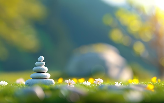 Photo tranquil zen garden with stacked stones and spring flowers