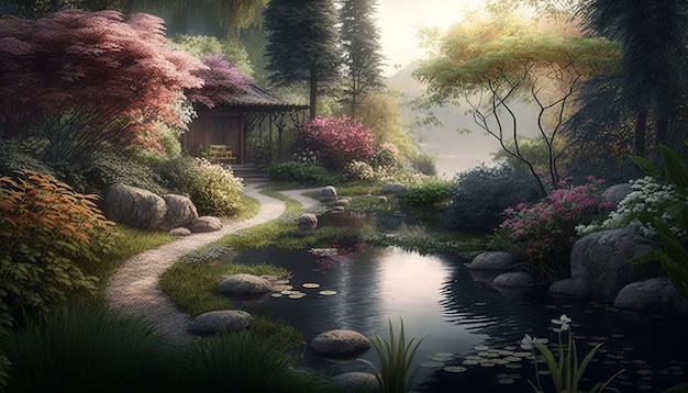 Tranquil Zen Garden with Winding Paths and Blooming Flowers