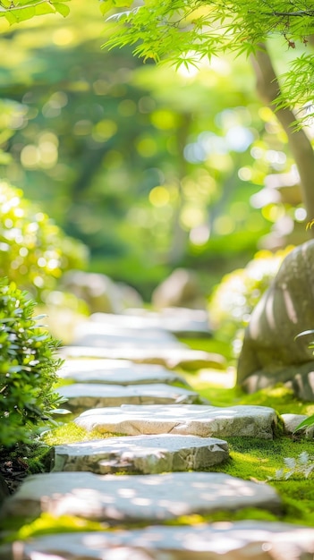 Tranquil Zen Path Surrounded by Serene Greenery Perfect for Wellness Journeys with Copy Space and Deep Depth of Field for Focus Nature Concept