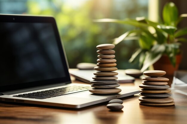 Tranquil Zen Stones Alongside Office Laptop on Desk AI