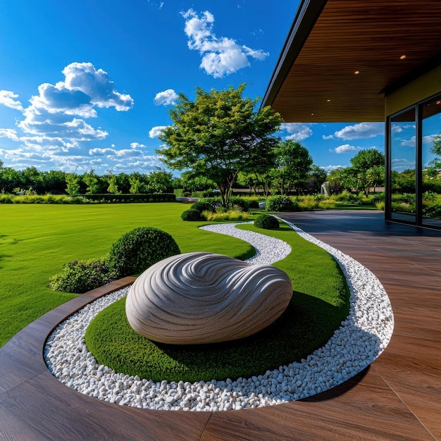 Photo tranquil zeninspired meditation garden with raked gravel and serene atmosphere mindfulness relaxation highquality realistic