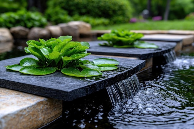 Tranquil zeninspired water garden with flowing streams peaceful meditative nature highquality realistic