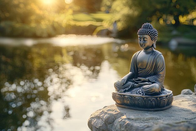 Tranquility by the Pond A Buddha Statue Finds Peace Amidst Natures Beauty