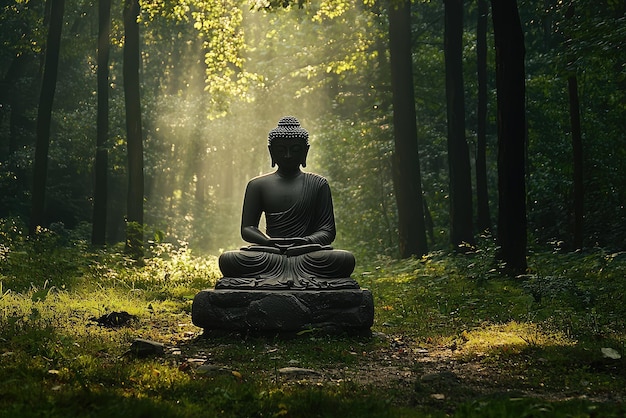 Tranquility Embodied A Buddha Statue Finds Peace Amidst a Lush Forest