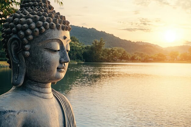 Tranquility Embodied A Buddha Statue Gazes Serene at a Still Lake Under a Golden Sunset