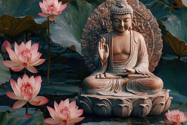 Tranquility Embodied A Serene Buddha Statue Amidst Lotus Blooms