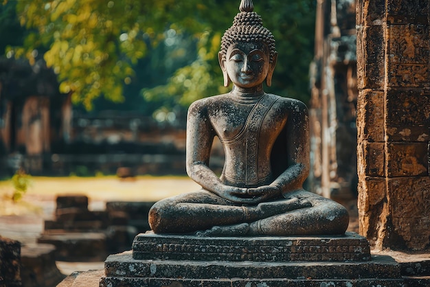 Tranquility Embodied A Weathered Stone Buddha Gazes Serene Amidst Ancient Ruins