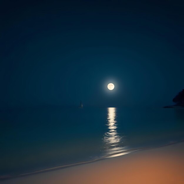 Tranquility of nighttime sea and moon