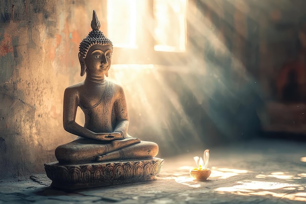 Tranquility in Stone A Buddha statue bathed in golden light emanating peace and serenity in a temple alcove