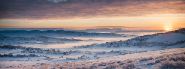 Photo the tranquility of winter mornings with a panoramic view that includes snowcovered expanses and gen