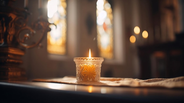 Tranquility in Worship Closeup of a Lit Candle in a Sacred Church Environment