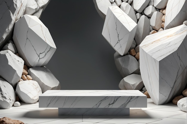 Transform your designs into works of art with our stock image of a minimalist podium display against a white stone and rock shape backdrop AI Generated