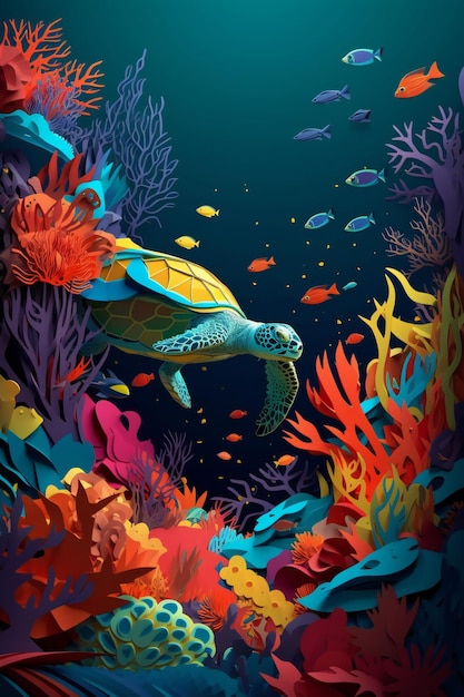 Transform Your Room with Stunning 3D Origami Sea Turtles Among Coral Reefs Wallpaper