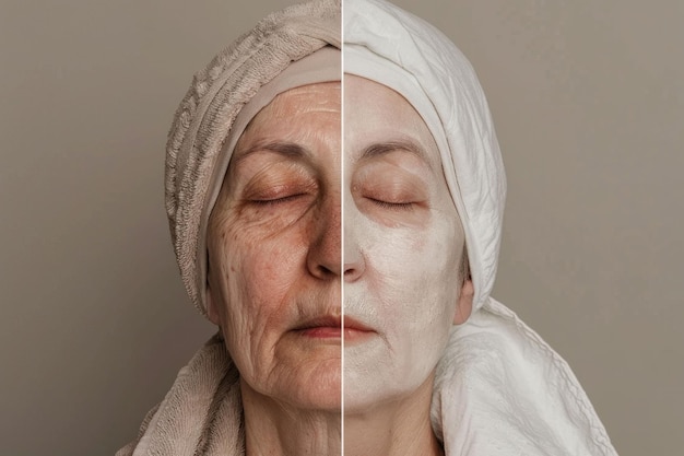 Photo transformation of elderly womans skin after using skincare product for wrinkle reduction and rejuvenation