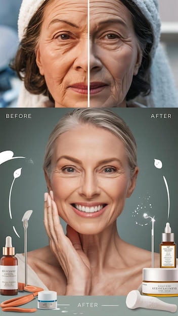 Photo transformation of older womans skin before and after facial treatment rejuvenation and skincare con