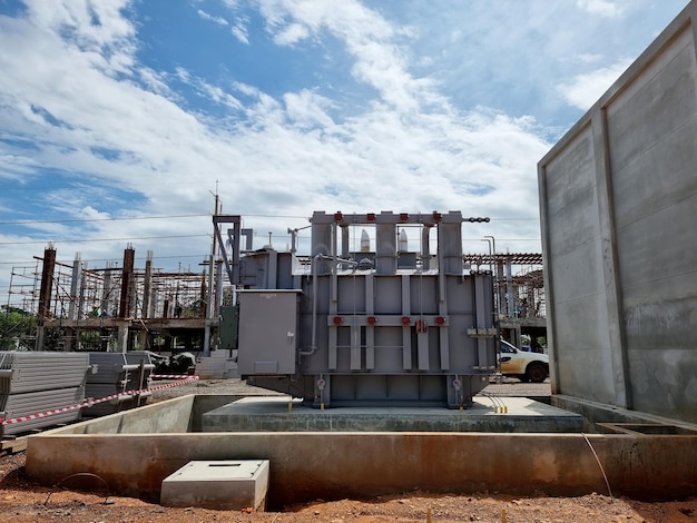 Transformer Installation with fire barrier and control building construction background